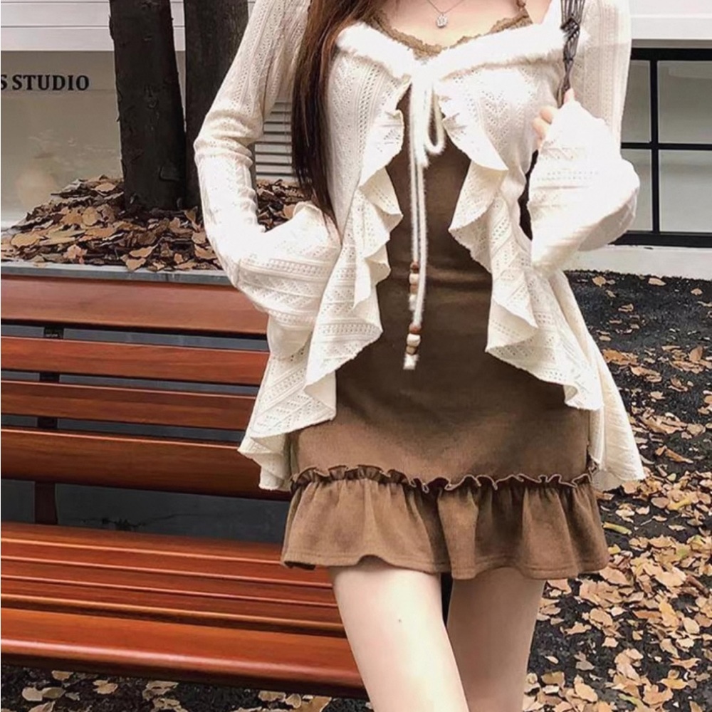 Brown Ruffle Dress w/Cardigan